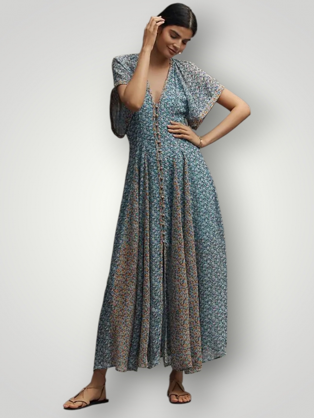 Anthropologie Maeve Floral Patchwork Maxi Dress Women's US 6 Blue Viscose Flutte